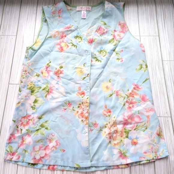 Oscar De La Renta Pink Label Floral Button Down Tank Vest in Blue Size XS - Picture 10 of 11